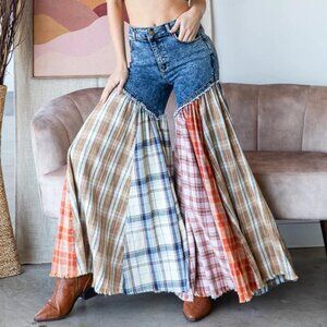 Oli & Hali Wide legged Plaid Patchwork Multi-Fabric Jeans Size L 32in waist